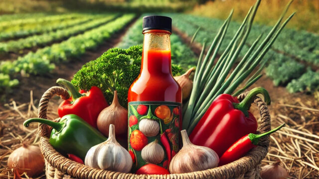 DALL_E_2025-03-09_21.08.01_-_A_rustic_basket_filled_with_an_abundance_of_garlic_cloves_onions_and_hot_peppers_set_in_a_lush_open_field._In_the_foreground_a_bottle_of_hot_sauc_1080x